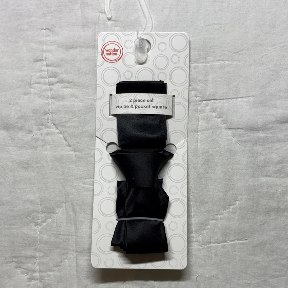 Wonder Nation Boys' Black Zip‎ Tie & Pocket Square 2-Piece Formal Set NWT